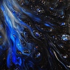 Abstract Fluid Painting: Blue, Black, and Grey Swirls