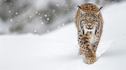 Obraz premium Wild Eurasian lynx walking through deep snow, thick winter coat, majestic feline movement