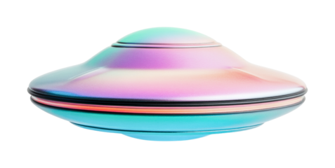 Colorful iridescent ufo-shaped object with smooth metallic surface, cut out