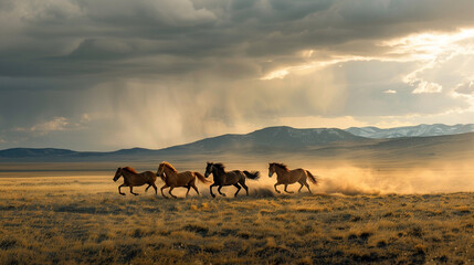 Fototapeta premium Wild mustangs galloping across an open prairie, wind-swept manes, untamed freedom