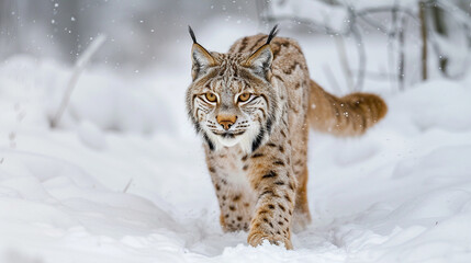 Fototapeta premium Wild Eurasian lynx walking through deep snow, thick winter coat, majestic feline movement