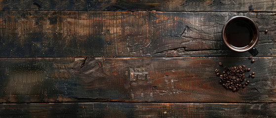 Espresso Coffee Cup and Beans On Vintage wooden Table. Copy space