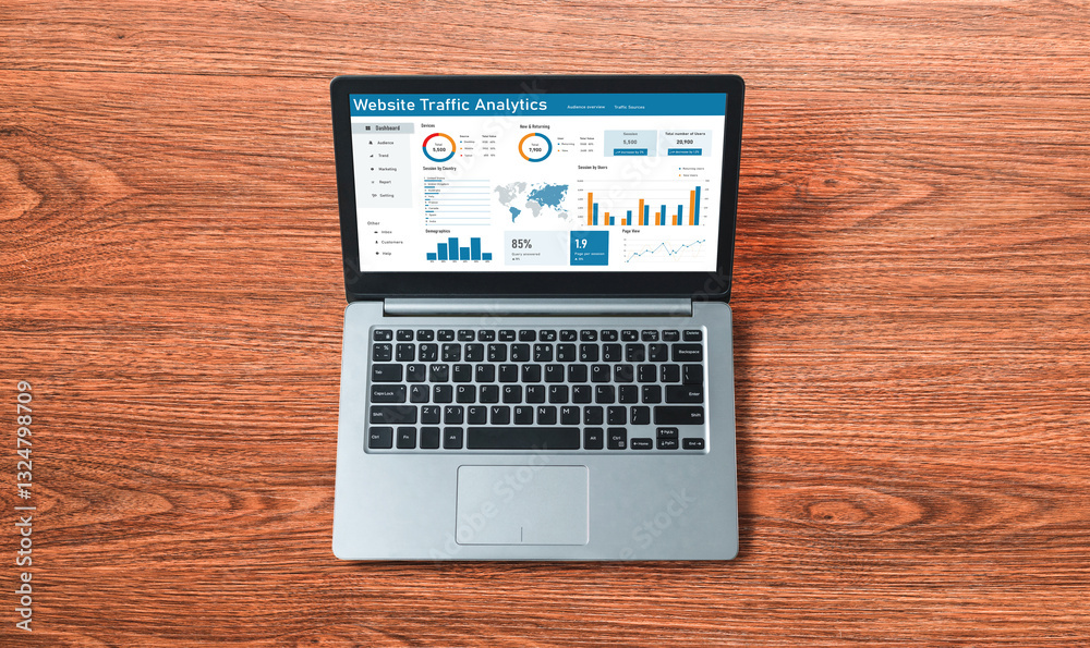 Aufkleber computer software for website traffic analytics data on computer screen. concept of seo search engin