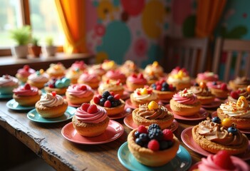 vibrant display colorful desserts bold background featuring diverse eye catching arrangements, cake, cupcake, pastry, chocolate, fruit, cream, sweet