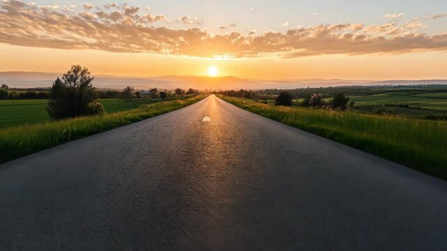 Serene country road leading to a glorious sunset over rolling hills