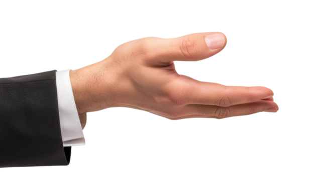 Businessman showing open hand on transparent background - Powered by Adobe