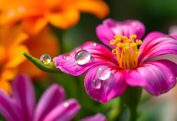 close up of pink flower with water drops