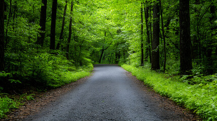 Obraz premium Lush Green Forest Path Leading Into Light With Tall Trees Surrounding Roadway And Sunlit Canopy