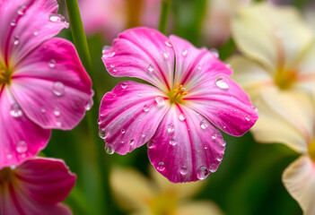 close up of pink flower with water drops