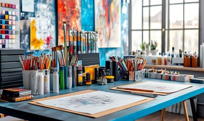 Artist's studio, colorful paints, art supplies, drawing table, overlooking a cityscape. Suitable for showcasing art supplies, creative inspiration, or artistic lifestyle