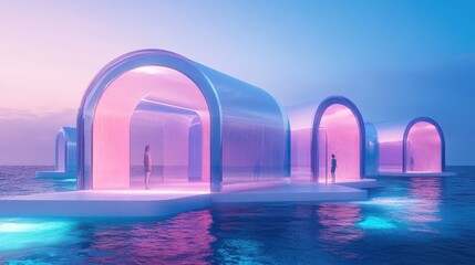 A futuristic, serene landscape featuring translucent structures on water, illuminated by soft pink and blue lights at twilight.