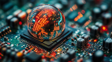 Reflections of technology illuminate the world within the circuit board