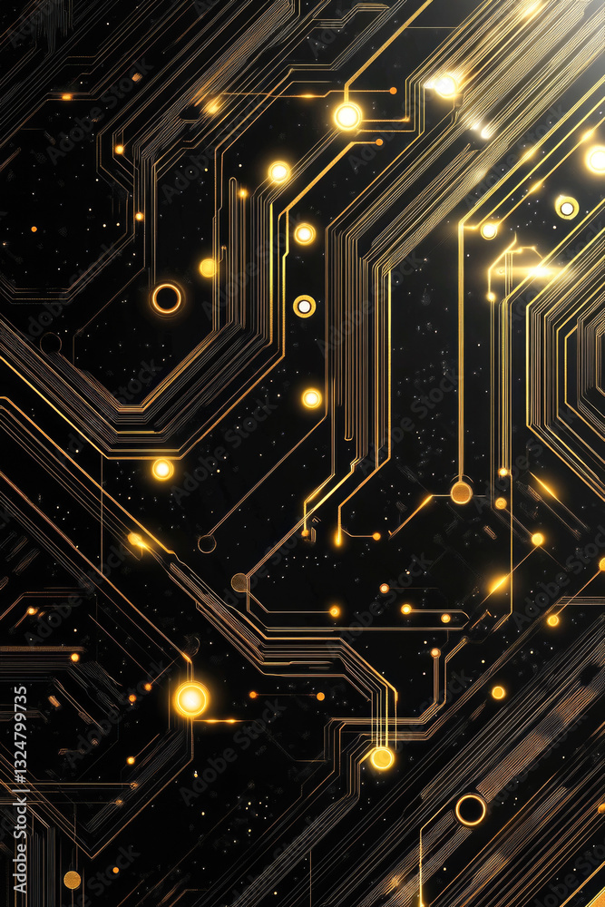 Wall mural futuristic digital circuit board with glowing patterns on dark background