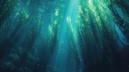 Naklejka premium A serene underwater scene with shafts of light filtering through green seaweed, creating a tranquil and mystical atmosphere.