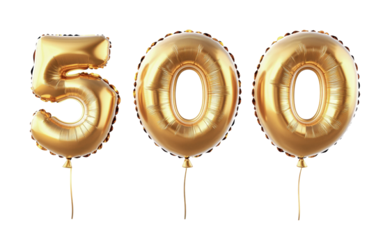 Gold foil number balloons forming 500 on transparent background, cut out
