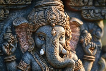 Intricate stone carving of Lord Ganesha, Hindu deity, showcasing his elephant head and ornate crown.