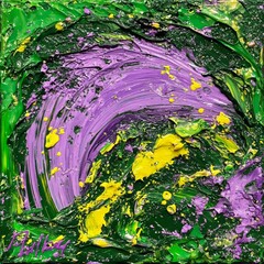 Abstract Impasto Painting in Purple, Yellow, and Green