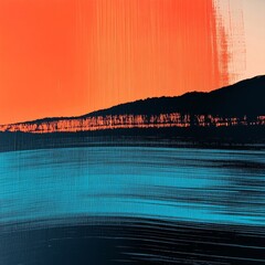 Abstract Landscape in Orange, Teal, and Black