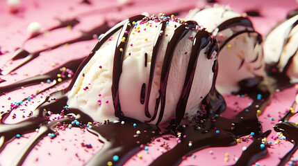 Melted ice cream with chocolate drizzle and sprinkles