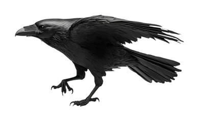 Fototapeta premium Detailed close-up of a black raven in flight with outstretched wings against black background, cut out