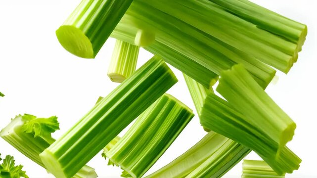 Dynamic celery stalks in motion against white background