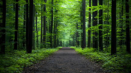 Obraz premium Green Forest Path Leading Through Tall Trees with Sunlight and Leafy Ground
