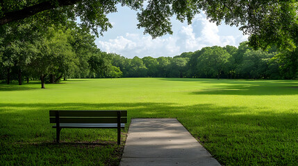 Fototapeta premium Wooden Bench On A Concrete Path Through Lush Green Park Under Blue Sky