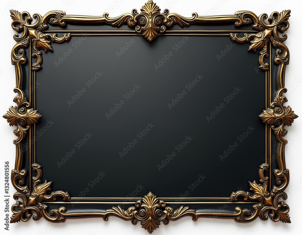 Poster black paper with golden decorative border on white background. ornate frame for writing text with da