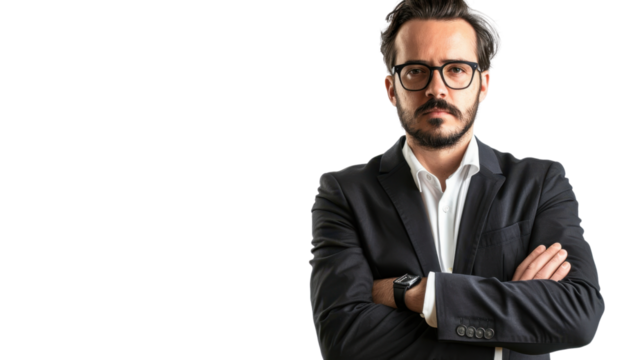 Confident businessman crossing arms on transparent background