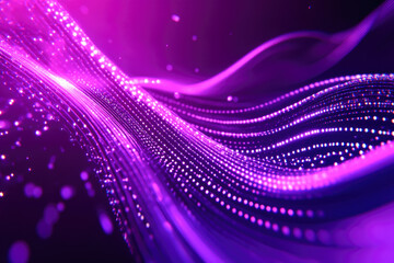 Abstract glowing purple wave of particles and light lines in motion