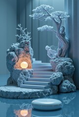 Ethereal blue-toned miniature landscape with white bonsai tree perched on rocky formation. Stone steps lead upward as a glowing orb illuminates the scene with warm light.
