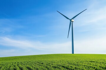 Fototapeta premium Farm utilizing renewable energy with wind turbine under clear blue sky in a green landscape Generative AI