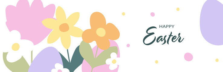 Happy Easter! Modern art minimalist style. Happy Easter banner, poster, greeting card. Easter minimalist design with typography, flowers and eggs in pastel colors.