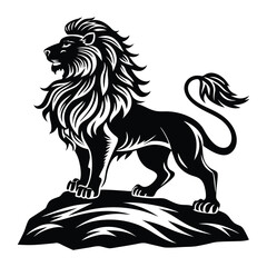 Lion climbing a hill silhouette vector art illustration, Bold Lion Silhouette on Rock with Flowing Mane