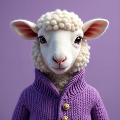 Naklejka premium AI generated portrait of sheep wearing purple knit cardigan with golden buttons. Sheep character design on monochrome violet background. Modern animal outfit idea, spring winter fall trend fashion