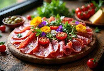 vibrant platter featuring assorted gourmet meats displayed colorful garnishes fresh accompaniments, appetizer, charcuterie, cheeses, vegetables, herbs