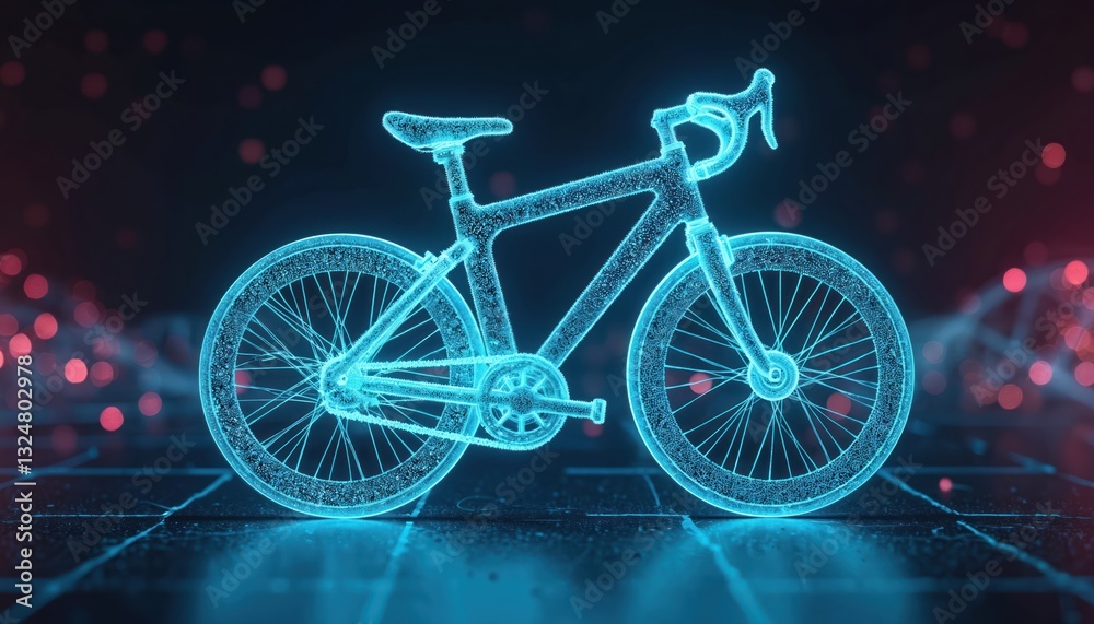 Poster glowing wireframe bicycle composed of blue lines, dots against dark background. futuristic digital t