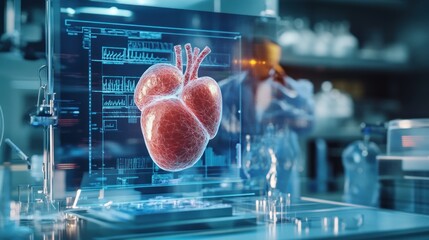 Obraz premium Human heart analysis on a transparent monitor, futuristic medical science technology
