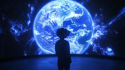 Fototapeta premium Metaverse. Abstract 3D isolated man in VR headset touches innovation visual of Earth. Low poly wireframe digital World globe and user on blue technology background. Polygons 