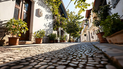 Cobblestone Street Leading Through Charming European Town On Bright Sunny Day With White Buildings And Plant Pots
