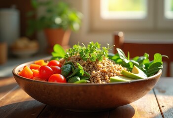vibrant bowl filled colorful fresh wholesome ingredients healthy meal, avocado, beets, broccoli, carrots, cauliflower, chickpeas, corn, cucumbers