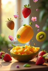 floating culinary ingredients showcase featuring colorful whimsical surprising elements levitating air, illusion, fruits, garnishes, herbs, vegetables