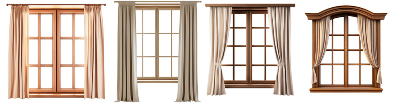 Set de cuatro ventanas de madera de roble diferentes con cortinas lisas sobre fondo transparente