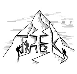 Illustration of the inscription is trek, a mountain is drawn, people climb it. A vector illustration in black isolated on a white background.