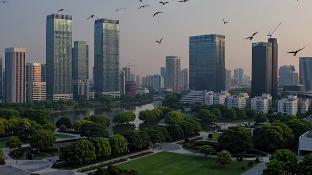 Birds flying over century park in pudong at dawn