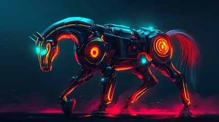 A mechanical cybernetic horse with glowing red and orange lights