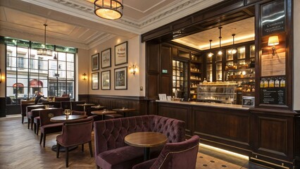 Cozy Classic Cafe Interior: Vintage Charm & Modern Design, Warm Lighting, Plush Seating, Inviting Atmosphere for Coffee & Conversation.