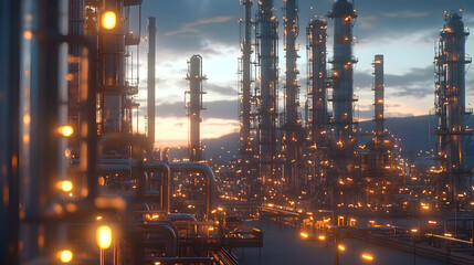 Industrial Plant Structure Illuminated At Night Under Cloudy Blue And Orange Sky