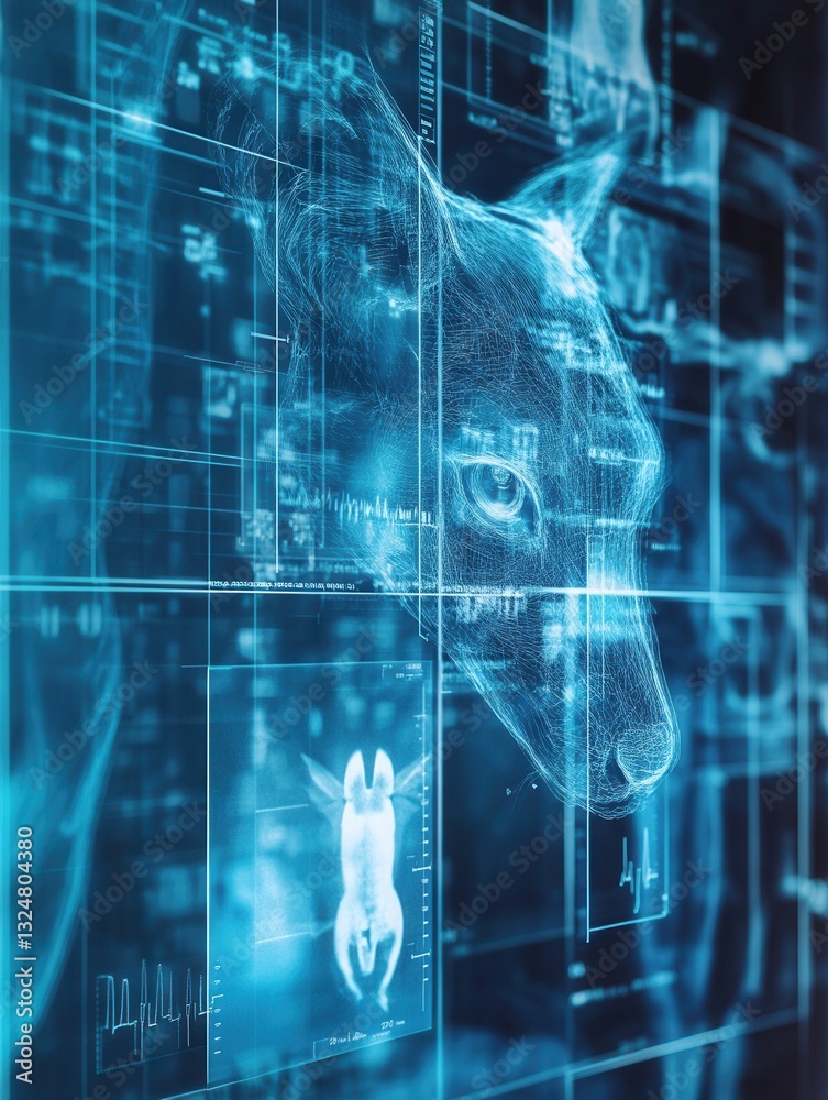 Poster high-tech veterinary diagnostics background featuring abstract medical scans of pets in a modern cli