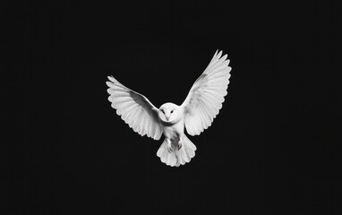 White Owl in Flight Against Black Background